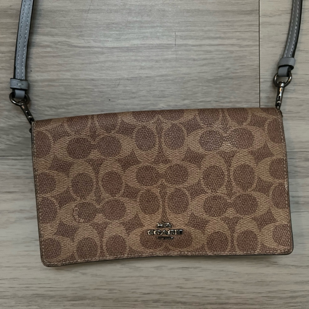 Coach Hayden Signature Canvas Foldover Crossbody Wallet Clutch Tan Neutral